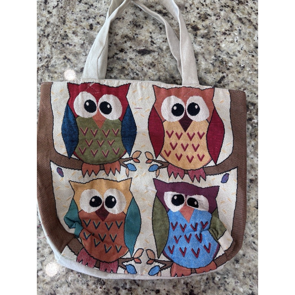 Tote Bag With Owls Pattern Zipped Purse‎ Bag Birds Handbag. Super clean 3483.